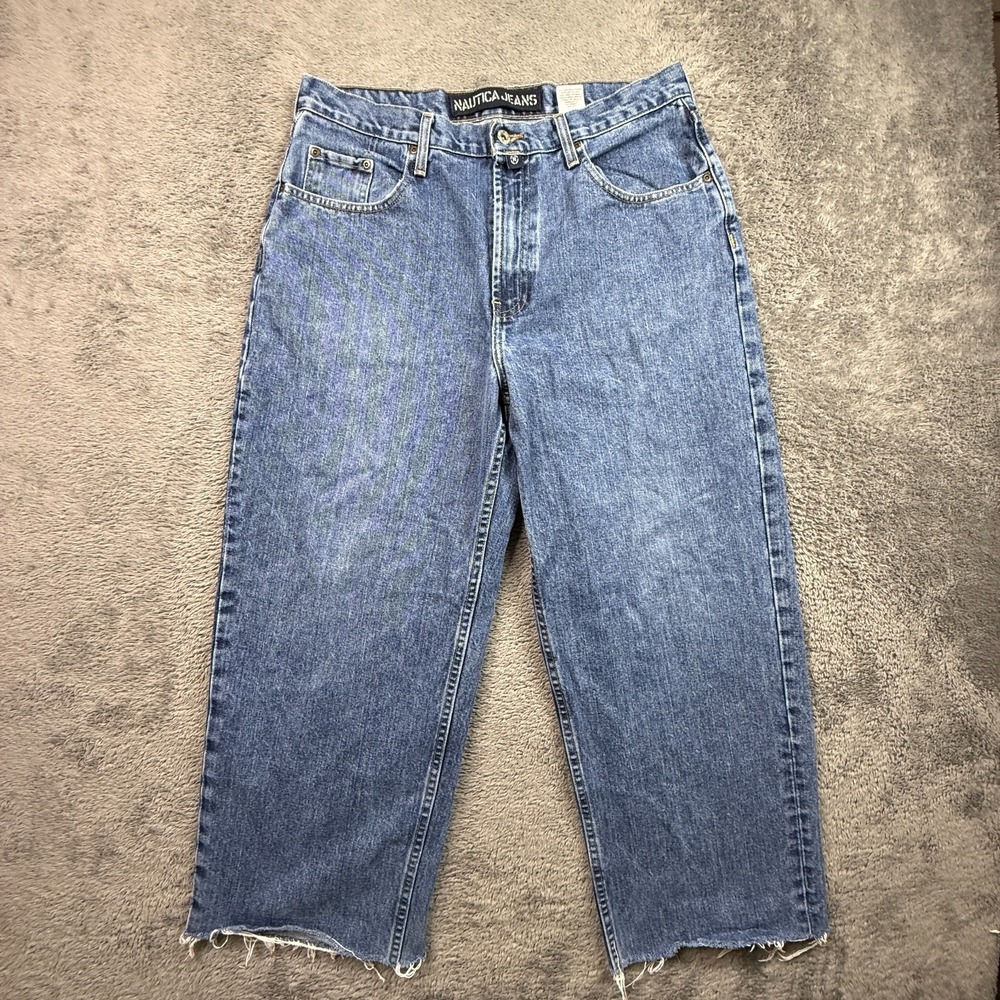 Y2K Nautica Jeans Mens 34 Baggy Cropped Distressed Blue Denim 100% Cotton